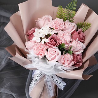 滿天星玫瑰康乃馨永生花束假乾燥花520情人節生日禮物送女朋友仿真畢業花束, 清新玫瑰（女神）,無手提袋-無燈串