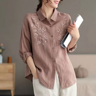 순색 자수 빅사이즈 린넨 카라티 기본핏 셔츠 면마 여성 긴팔티 사계절용 남방