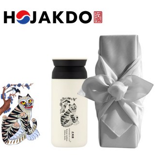 한국전통 민화 까치와 호랑이 호작도 작호도 복을 부르는 텀블러 트레블 350ml 보자기 선물포장, 1개, 크림화이트