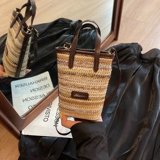 台灣出貨 草編手機包女 斜挎包 時尚單肩手提小包 便攜手工編織, 卡其色