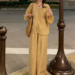 新中式國風套裝女 2026新款氣質慵懶風襯衫闊腿褲三件套裝