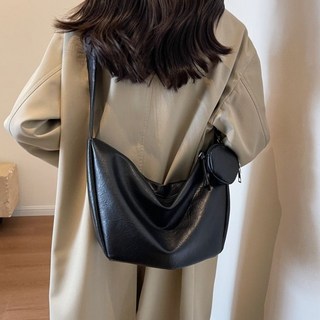 簡約設計寬肩帶單肩包 附零錢包, 黑色【送小零錢包】,升級加厚雙層耐用耐磨PU面料