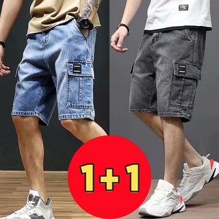 AOKADA 남자 데님 쇼츠 카고 5부 포켓 청 반바자 1+1