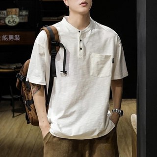 美式復古口袋短袖POLO衫男大碼竹節棉寬鬆亨利領工裝T恤上衣