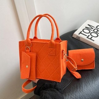 毛氈手提包 環保手提袋 時尚簡約菱格三件套 單肩斜挎手提托特包, 橘色三件套