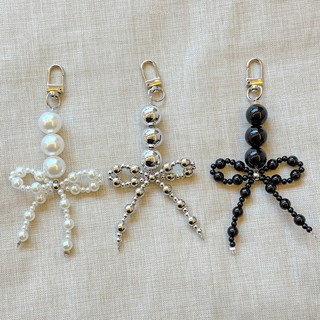 발레코어 진주 리본 드롭 키링 구슬 차키 백참 가방 고리 (3colors), 화이트, 화이트, 1개