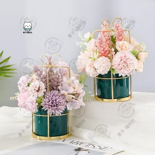 北歐風 假花仿真花盆花器 陶瓷花盆 乾燥花居家裝飾品 塑膠花人造花不凋花藝小盆栽裝飾花擺件擺飾ins, 綠色愛麗絲+墨綠色花籃,如圖所示, 1個