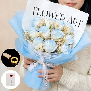 Firina LED 비누꽃다발 장미 졸업선물 꽃다발 기념일 선물 리본포장 쇼핑백 카드 포함, 핑크색, 1개