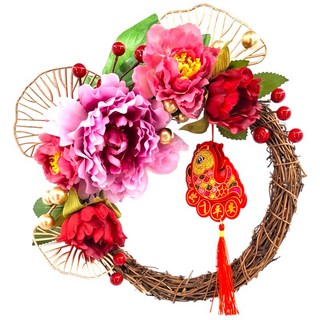 新年牡丹花圈，含柿子、金元寶裝飾, 25CM富貴迎春新年花環-A