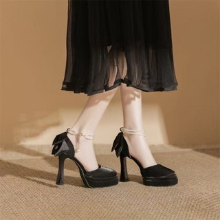 女春夏法式新款單鞋 綢緞珍珠蝴蝶結涼鞋, 黑色11cm,39