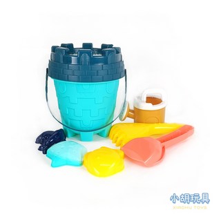 小胡玩具 7件組 圓形沙灘桶 沙灘工具 玩沙工具 兒童玩具, 1個, 藍綠(圖1-3款)