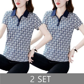 ROYALBELLE 2장묶음 여성 카라넥 캐주얼룩 반팔 티셔츠 고급 엄마옷 루즈핏 반팔티 X30119