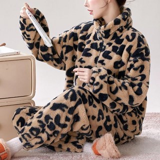 여성 기모 도톰 레오파드 수면잠옷 투피스 가을 겨울 보온 실내복 잠옷 패션 파자마 코디 잠옷세트