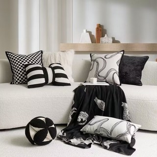 貝貝 設計師款黑白棋盤格蝴蝶結線條抱枕- 羽絲絨枕芯 沙發客廳車用午睡枕 雪尼爾材質 北歐現代風床頭靠墊腰枕, 雪尼爾黑白棋盤格45*45cm,枕套+羽絲絨枕芯