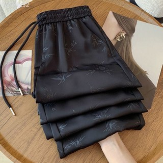 胖MM大碼新中式緞面提花闊腿褲女 高腰寬鬆顯瘦直筒褲