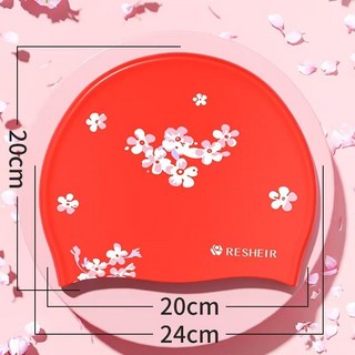 女士硅膠防水泳帽：舒適不勒頭、長髮護耳、時尚印花加大成人游泳帽, 1個, 紅色-爛漫花海