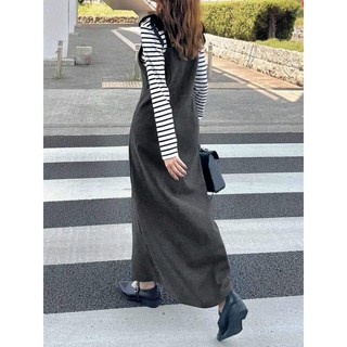 日系羊毛混紡拚接天鵝絨蝴蝶結弔帶直筒長裙