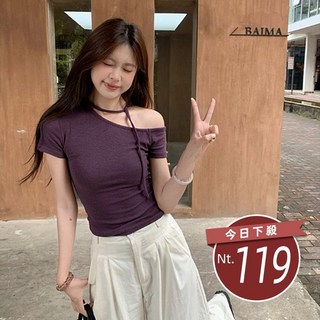 斜肩氣質飄帶露肩上衣 女裝 短袖t恤 上衣