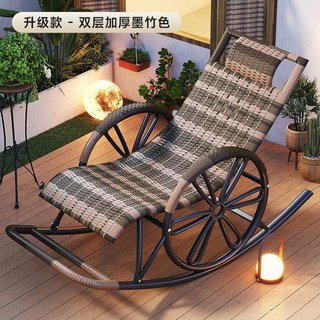 搖搖椅躺椅逍遙椅：藤編午睡陽臺休閒椅，客廳老人專用, 1個, 墨竹色【手工寬藤 創意車輪款】, 墨竹色