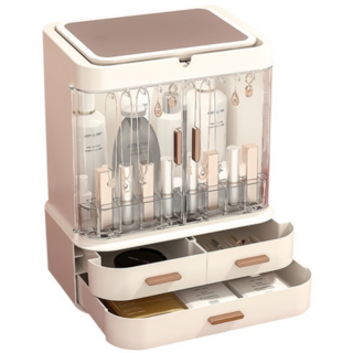 德利生活 LED鏡面抽屜化妝品收納箱 附鏡化妝箱 化妝收納 抽屜櫃 整理箱 收納架 抽屜收納盒 收納櫃, 1個, 白色