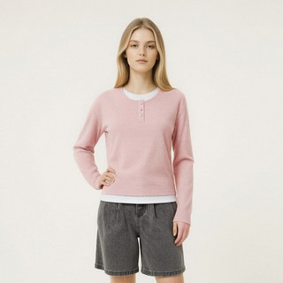 행텐 행텐 여성 웨일 헨리넥 슬림핏 레이어드 티셔츠_라이트핑크