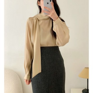 오간자 쉬폰 텐셀 타이 어깨버튼 셔링 오피스 하객 소개팅룩 여성 봄 가을 페미닌 블라우스