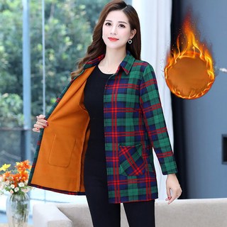 ROYALBELLE 여성 기본 체크무늬 셔츠 기모 보온 데일리 카라넥 하프기장 엄마 남방 Y01126008