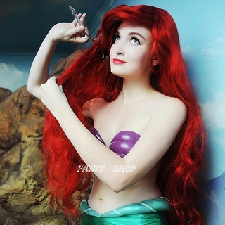 PARTY SHOP 小美人魚紅色長卷髮 萬聖節公主假髮 角色扮演中長捲髮, 1個, 紅色