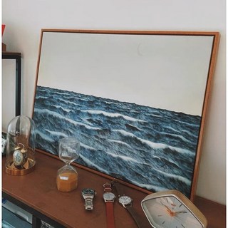 橫山大觀富士山海月水墨風景裝飾畫 日本近代繪畫之父 玄關日式復古風實木畫框海景畫擺件qct6r0, 1個, 橫山大觀-驚濤拍岸,30x40原木色ps框