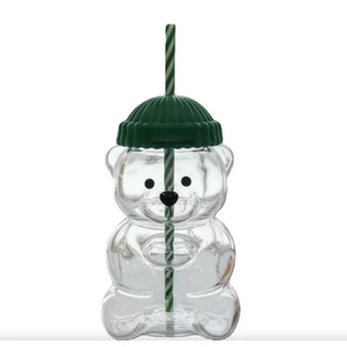 500ML 귀여운 곰 유리컵 대용량 뚜껑 직음용 빨대컵 일상 주스 우유용, 02 plastic cup, 02 Green lid
