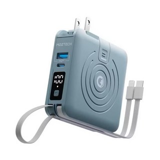 MOZTECH多功能無線充電行動電源，內建Type-C/Lightning接頭，數位顯示電量，支援快充，輕巧便攜, 水泥灰, MOA-08
