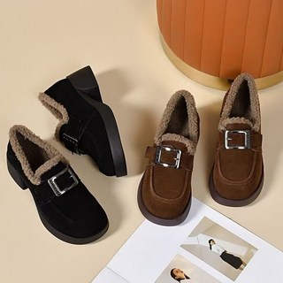 ROYALBELLE 여성 퍼안감 로퍼 슈즈 라운드토 로우힐 쿠션 데일리 캐주얼 단화 F01012820