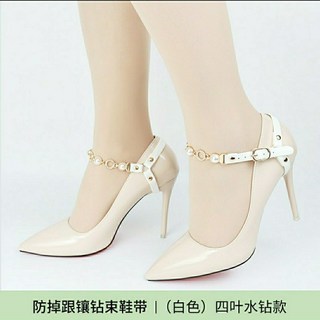一字扣綁帶 新款免安裝懶人鞋帶 高跟鞋防掉跟束鞋帶 珍珠帶鑽隱形固定帶, 1個, 水鉆珍珠三角款【白色】