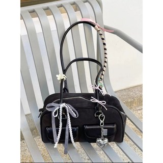 韓國允真同款PU拼接保齡球包小衆多口袋百搭腋下包大容量托特包