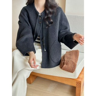 圓領雙面羊毛大衣外套 小個子短款秋冬慵懶風保暖加厚雙面呢外套