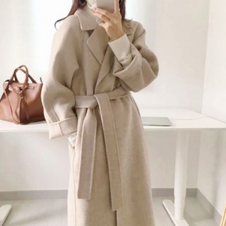 겨울 허리끈 코트 여성 모직 롱 더블카라 클래식