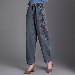 MOSAIRATION 여성 빅사이즈 배색 자수 데님 바지 하이웨스트 워싱 배기팬츠 U0040902