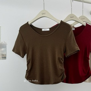 【Fee現貨13色】正韓側抓皺短上衣，螺紋棉圓領合身棉T，短版U領顯瘦韓國女裝