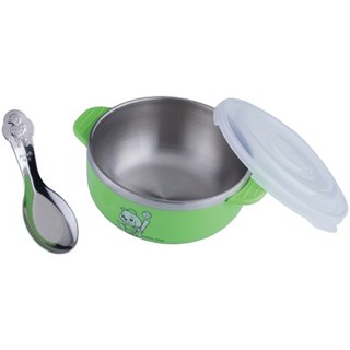 KOM 316不鏽鋼 兒童隔熱碗 附湯匙 角落生物 矽膠蓋 磨砂 不鏽鋼碗 雙層隔熱碗 幼兒園碗 兒童碗 三色碗 王樣, 1個, 綠色小狗 / 王樣-不鏽鋼雙耳碗, F, F