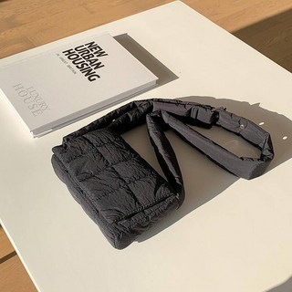 鋪棉格子斜背包 尼龍側背包 女生隨身小包, 黑色, 黑色