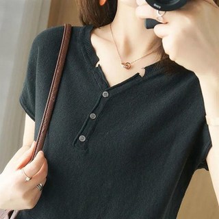 WHYY 여자 여름 면마 브이넥 반팔 티셔츠 린넨 루즈핏 니트 3