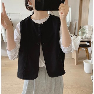 壹灣出貨短款縮排扣設計背心軍裝風露營風, 黑色