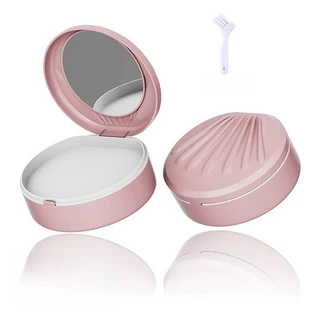 휴대용 교정기 보관함 (거울 포함) 치아 유지장치케이스 세척 정리함 범용 플라스틱, 01 핑크 화이트 브러쉬 증정 2단 거울형