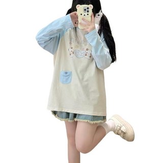 CEINOM Kawaii 일본 패션 패치워크 긴소매 티셔츠 여성 하라주쿠 귀여운 만화 프린트 풀오버 스웨트셔츠 화이트. L