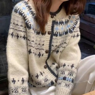 復古費爾島針織毛衣外套 長袖提花開衫