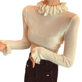 블루밍가든 시스루 비침 레이스 프릴 레이어 슬림핏 니트티셔츠