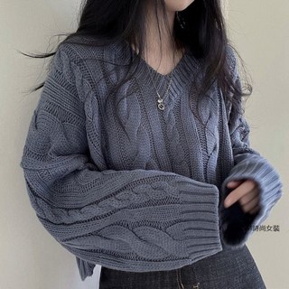 針織毛衣 V領長袖 chic復古麻花V領套頭長袖毛衣女秋冬新款寬鬆短款慵懶風針織上衣