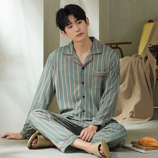 ANYOU 남성용 사계절 순면 잠옷 쾌적 소프트 파자마 루즈핏 긴팔카라 수면 잠옷 홈웨어 세트