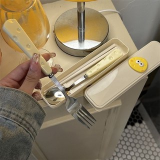 可愛ins奶酪勺子叉子筷子三件套學生兒童便攜餐具收納盒套裝, 1個, ins萌奶酪,單雙筷子