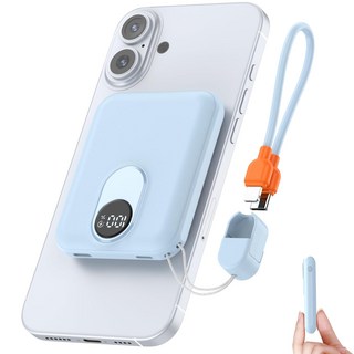 PGPFNG 고속충전 미니 보조배터리 PD 22.5W 휴대용 무선충전 맥세이프 보조배터리, 파랑